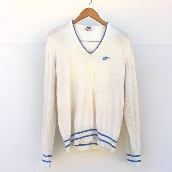 Vintage Nike White Blue V-Neck Sweater Preppy Tennis Knit Pullover 1980s Men’s - Picture 2 of 9